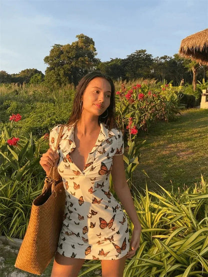 V-neck Stitched Print Mini Dress