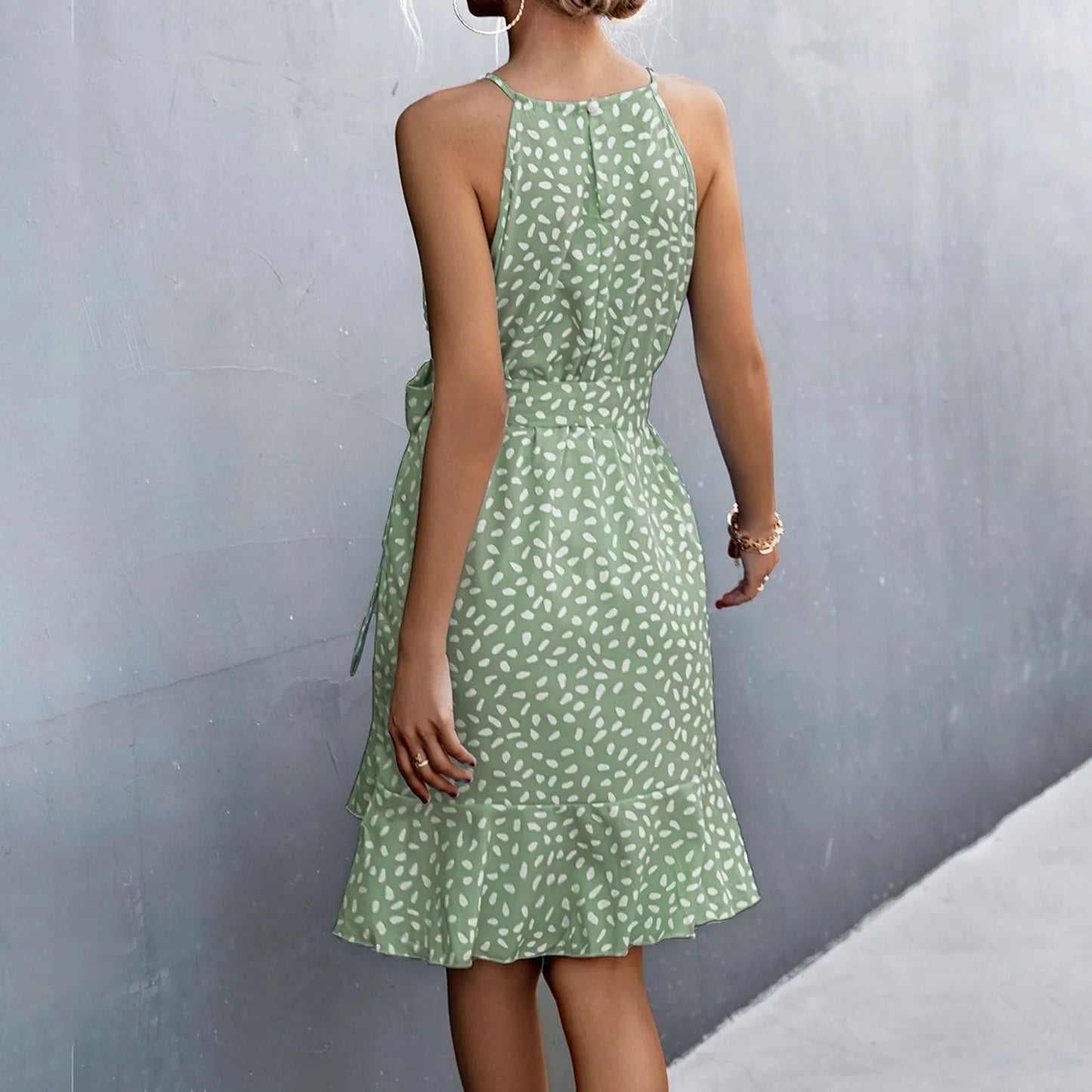 Print Sling Lace Up Belted Midi Dress