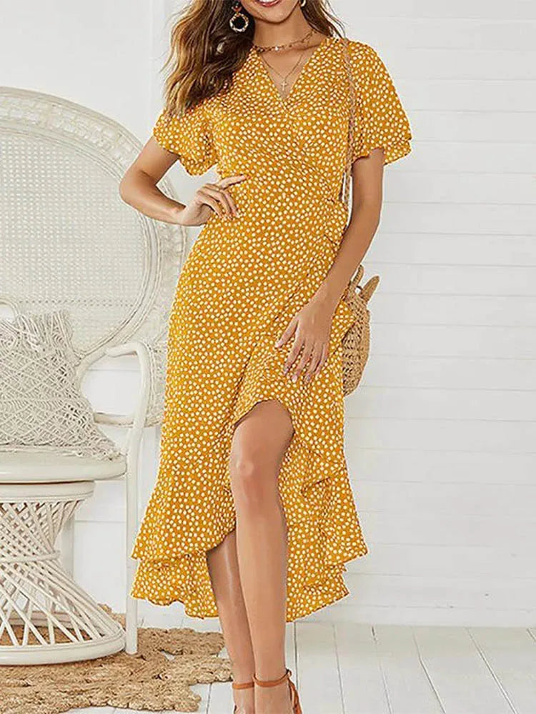Beach Long Chiffon Ruffles V-neck Party Robe Midi Dresses