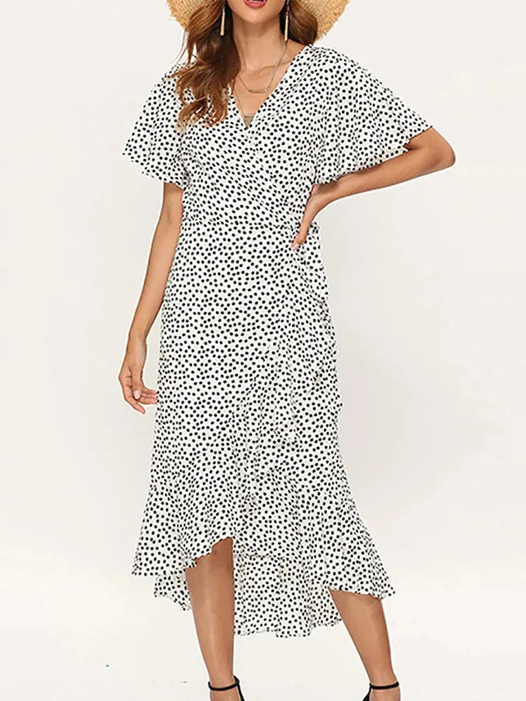 Beach Long Chiffon Ruffles V-neck Party Robe Midi Dresses