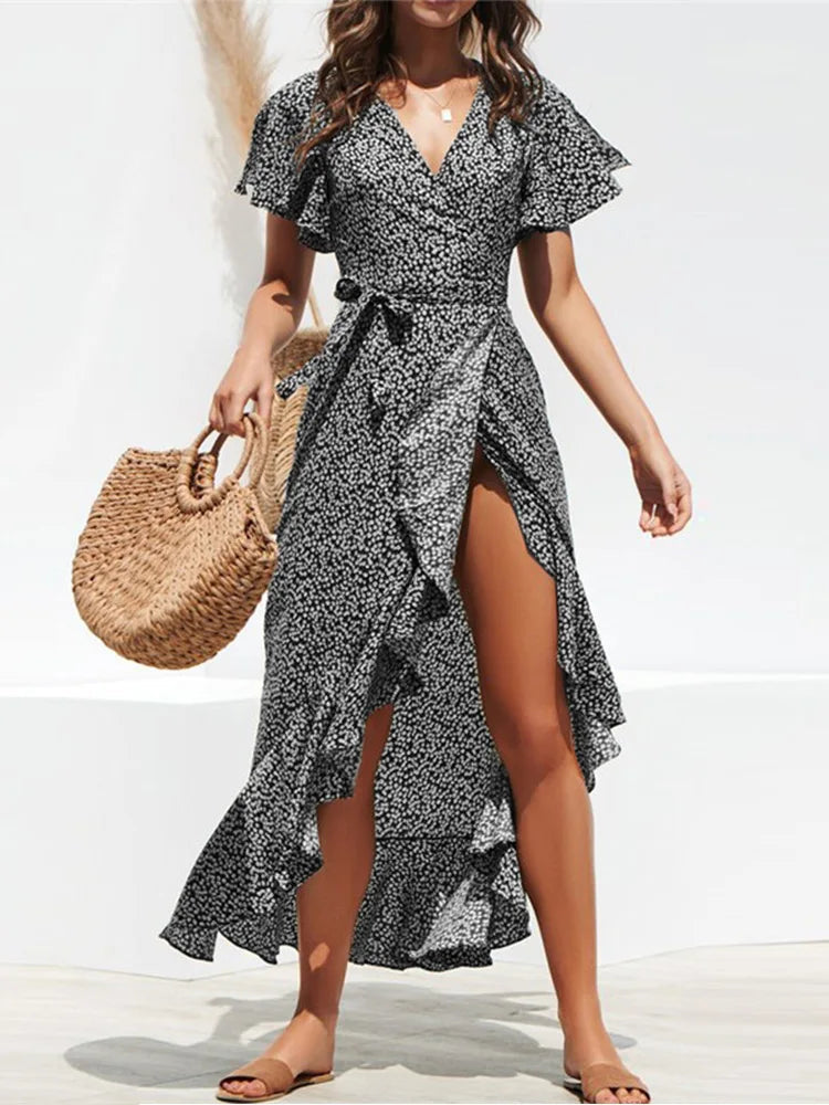 Summer Beach Chiffon Ruffles Wrap V-neck Split Robe Femme Midi Dresses
