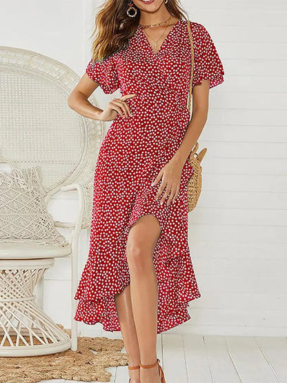 Summer Beach Chiffon Ruffles Wrap V-neck Split Robe Femme Midi Dresses