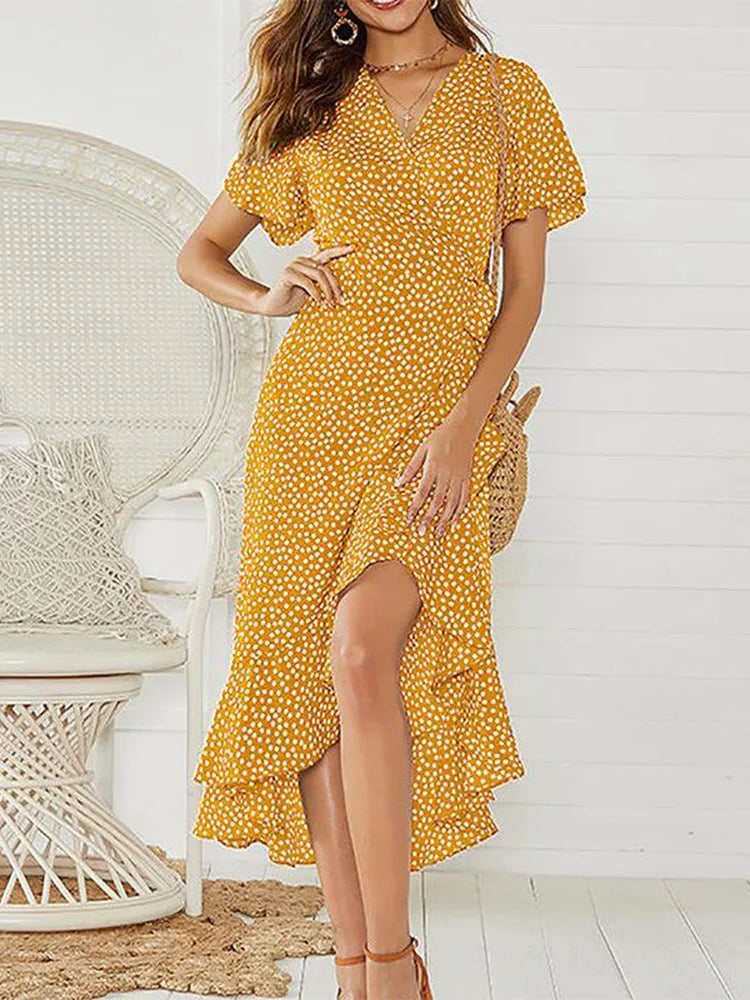 Summer Beach Chiffon Ruffles Wrap V-neck Split Robe Femme Midi Dresses