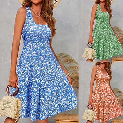 Summer Pirnt Sleveless Midi Dress Knee Length Dresses Fashionova Outfits for