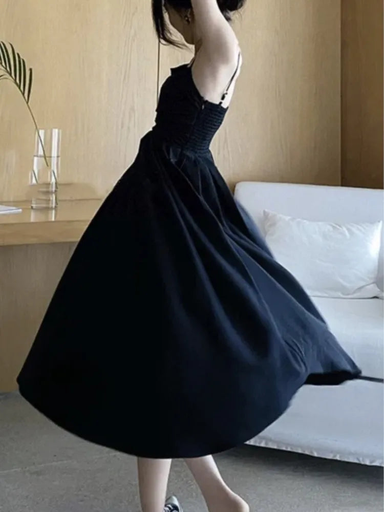 Summer Spaghetti Strap Midi Dress A-line Holiday Beach Style French Korean Slim High Waist Vestido