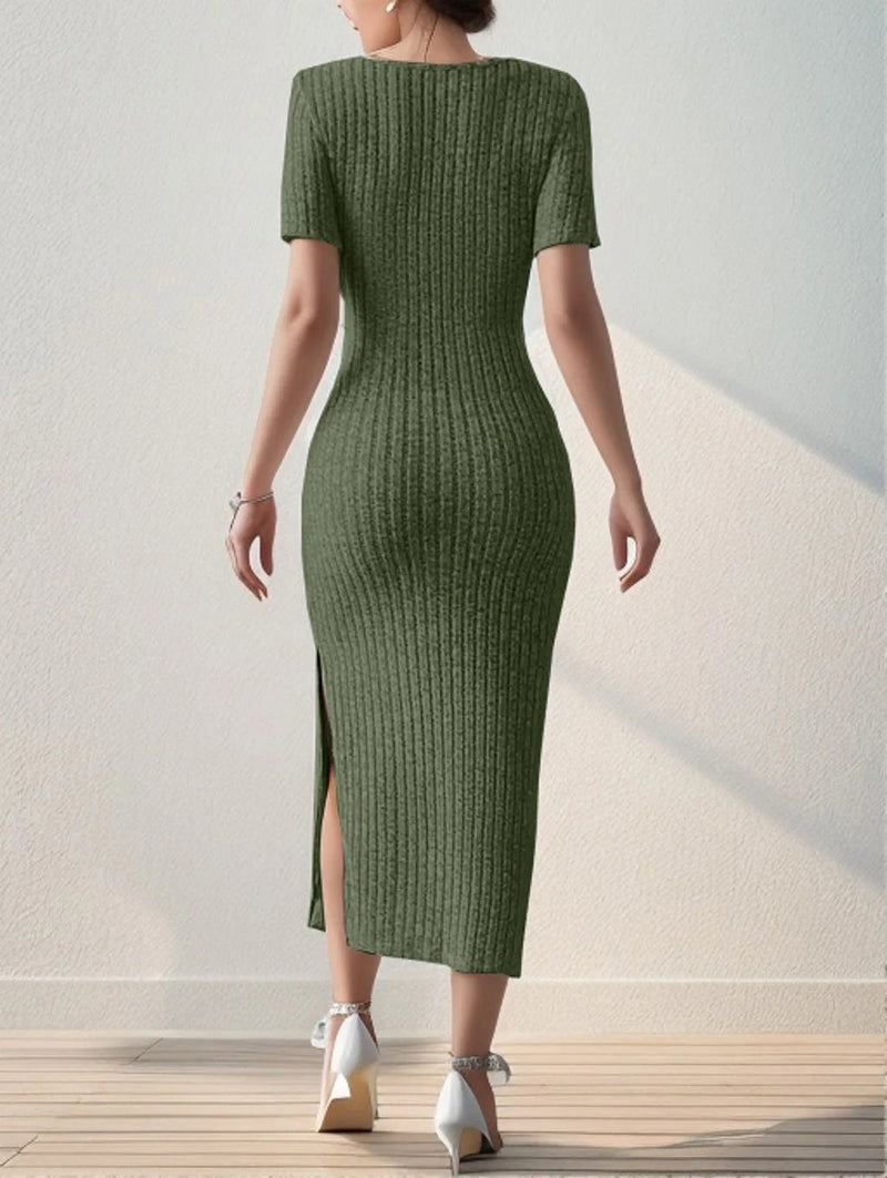 Summer Square Hip-covering Mid-length Short-sleeved Knitted Midi Dresses