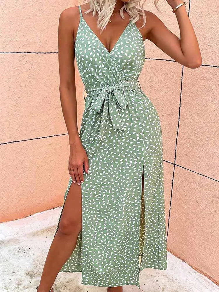 Summer Backless Bandage Slit Beach Sunes Black Sleeveless Midi Dresses