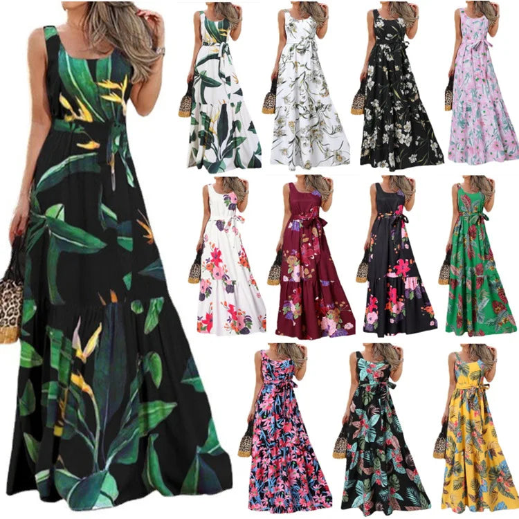 Summer Flower Print Sleeveless Long Dresses Vacation Style Dress O Neck High Waist Leace-up Maxi Vestidos