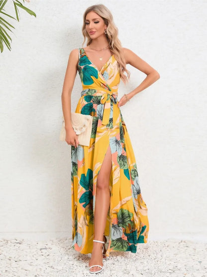 Summer Flower Print Sleeveless Long Dresses V-neck Slim Leace-up Slit Dress Female Commuting Vacation Vestido