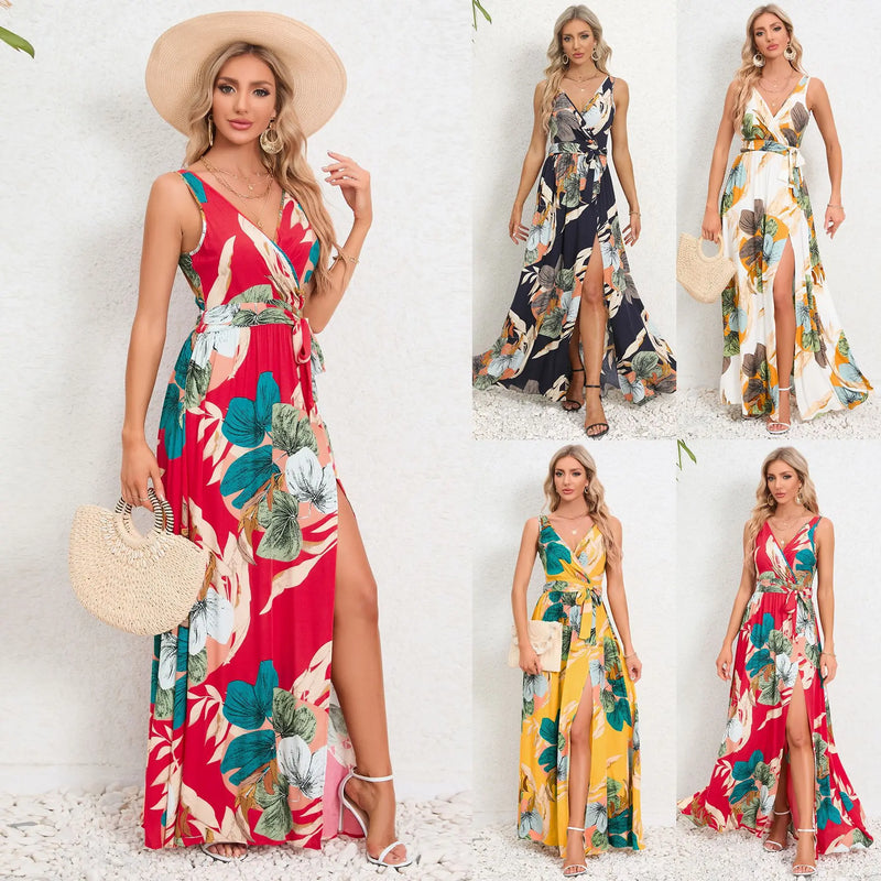 Summer Flower Print Sleeveless Long Dresses V-neck Slim Leace-up Slit Dress Female Commuting Vacation Vestido
