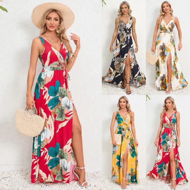 Summer Flower Print Sleeveless Long Dresses V-neck Slim Leace-up Slit Dress Female Commuting Vacation Vestido
