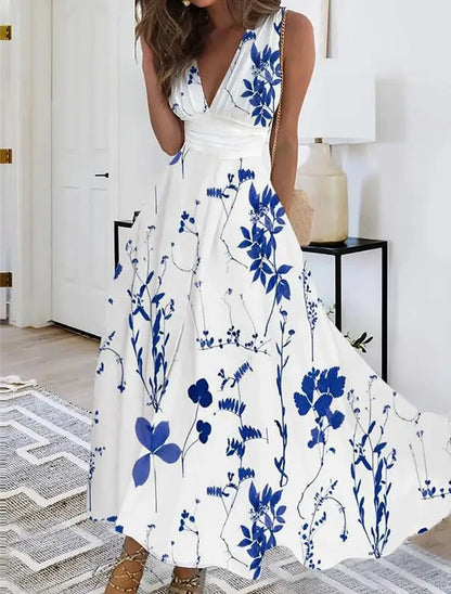 Summer Flower Printed Sleeveless Long Dresses V-neck Lady Party A-line Dress Maxi Evening Vestidos New