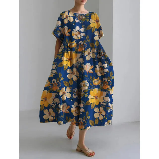 Summer New Color Flower Print Midi Dresses Folds Loose Short Sleeves Dress Lady Commuting Clothing Vestidos