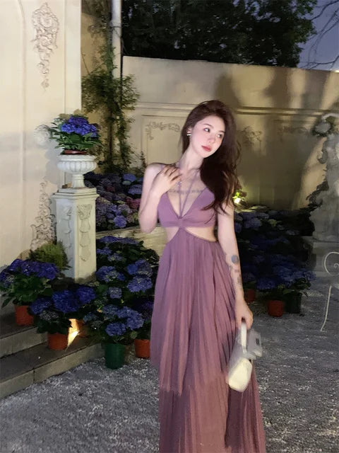 Summer New Pleated Holiday Beach Long Dresses for Vacation Spaghetti Strap a Line Robe Sundress