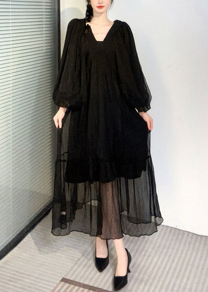 Summer New Watermelon Red V Neck Wrinkled Puff Sleeve Long Dress Ao1050