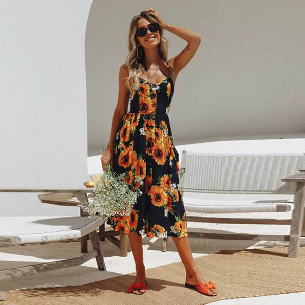 New Pocket Button Bohemia Retro Midi Dresses