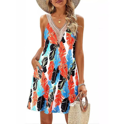 Summer Print Vest Dresses Lace Patchwork V-neck Beach Vacation Mini Dress Lady Commuting Clothing Vestidos