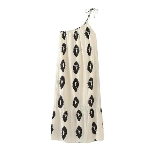 Summer Printing Suspender Maxi Dresses One Shoulder Backless Irregular Beach Dress Female Loose Long Dresses