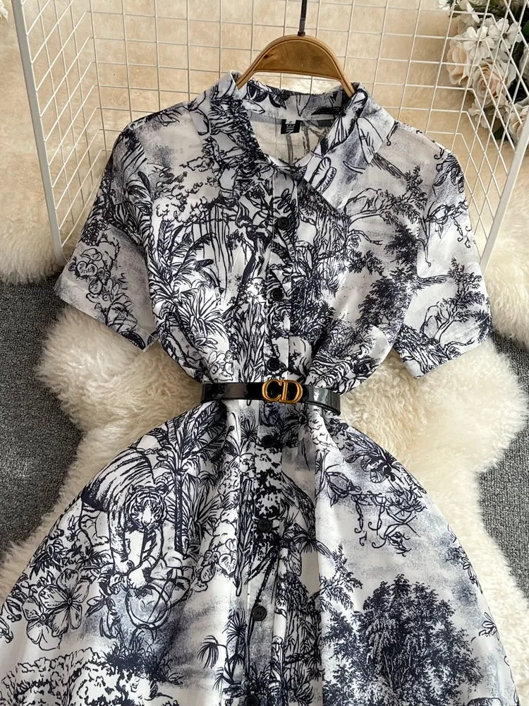 Summer Retro Shirt Dress Short Sleeved Lapel Single Breasted A-line Print Long Dresses Party Long Robe