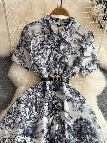 Summer Retro Shirt Dress Short Sleeved Lapel Single Breasted A-line Print Long Dresses Party Long Robe