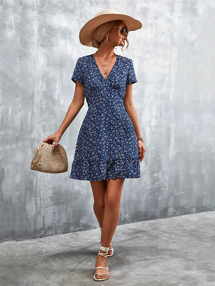 Summer Short V Neck Flower Mini Midi Dresses