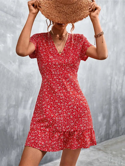 Summer Short V Neck Flower Mini Midi Dresses