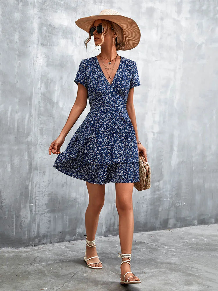 Summer Short V Neck Flower Mini Midi Dresses