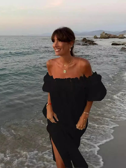 Summer Color Slit Long Dresses Off Shoulder Backless Loose Beach Vacation Dress Vestidos