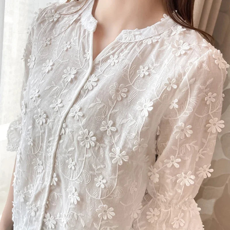 Embroidery Short Sleeve White Blouse