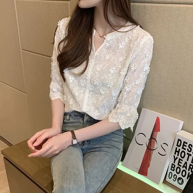 Embroidery Short Sleeve White Blouse
