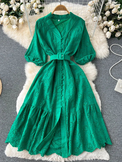 Summer V-neck Hollow Out Dress Bubble Sleeves Loose Embroidered Ruffle Edge Long Dresses Long Robe