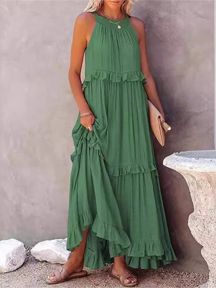 Summer Vacation Style Halter Neck Long Dresses Backless Leace-up Loose Ruffles Beach Dress Vestidos