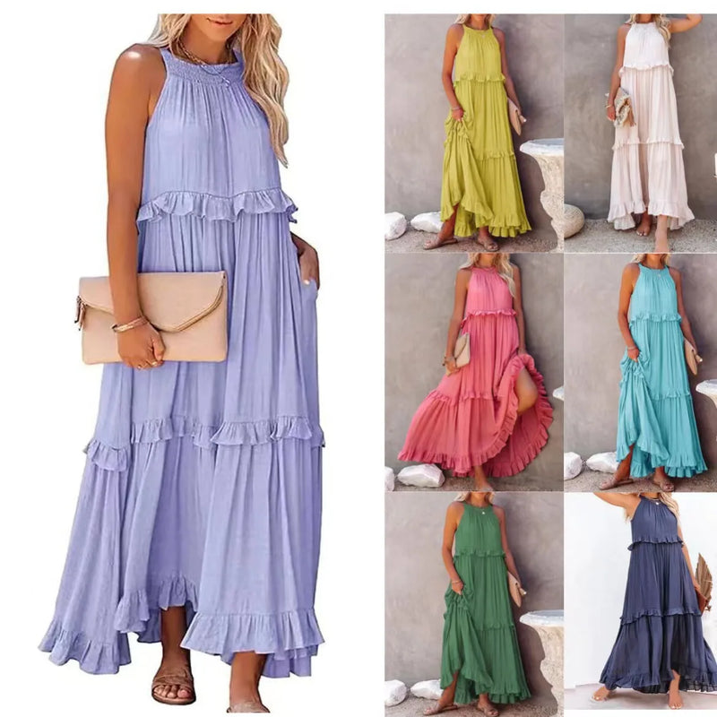 Summer Vacation Style Halter Neck Long Dresses Backless Leace-up Loose Ruffles Beach Dress Vestidos
