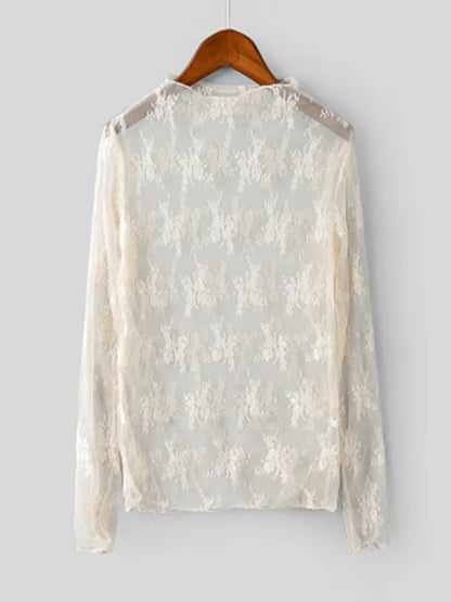 Summer Lace Embroidery Blouses Shirt Tops Mesh Blouses Transparent See-through Black Shirt