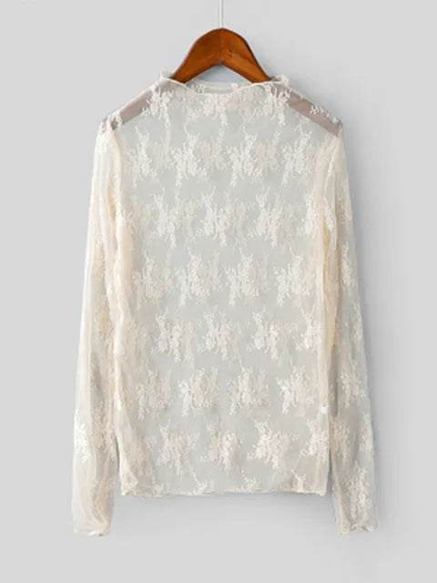 Summer Lace Embroidery Blouses Shirt Tops Mesh Blouses Transparent See-through Black Shirt