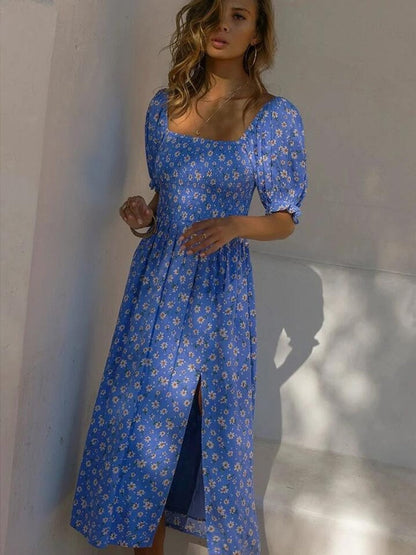 Midi Dress Print Split Blue Sundress Party Beach Dress