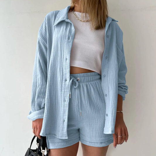 Blue Drawstring Shorts Office Two Piece Set