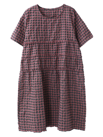 Summer Plaid Round Neck Cotton Linen Midi Dress Xx1060