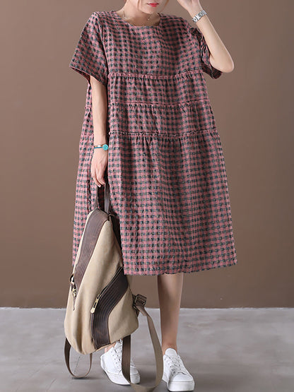 Summer Plaid Round Neck Cotton Linen Midi Dress Xx1060