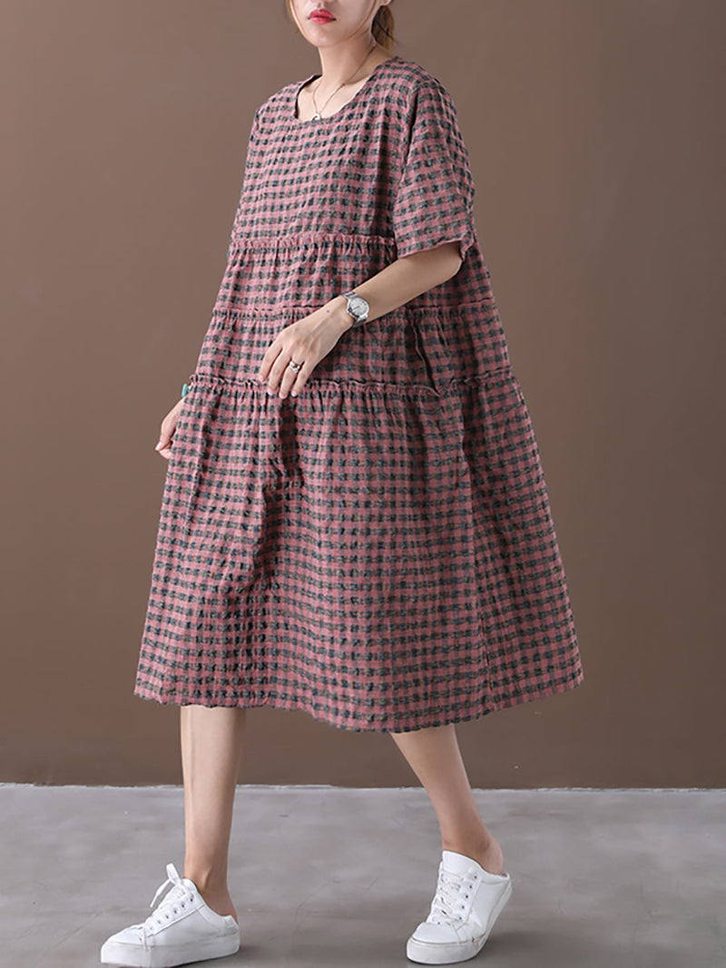 Summer Plaid Round Neck Cotton Linen Midi Dress Xx1060