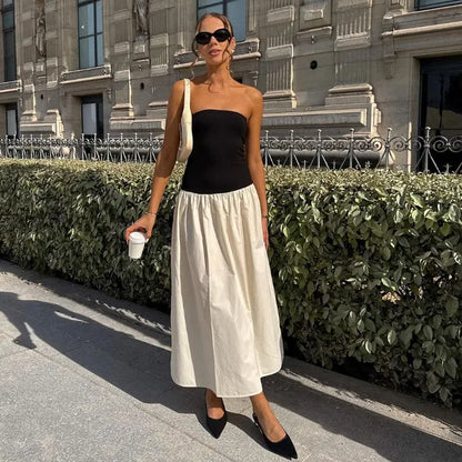 Clash Color Strapless Maxi Dress for Summer Off Shoulder Patchwork Backless Sleeveless Beach Dress Female