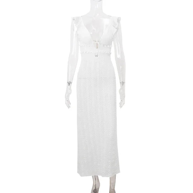 Deep V Neck Dresses Sleeveless Slim High Waist Long Dress Femme Holiday Knitted Beach Dress Woman