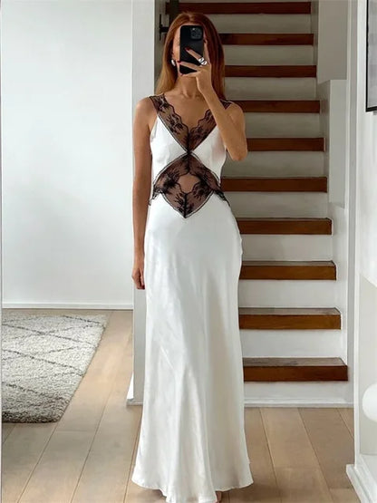 Lace Backless Hollow Maxi Dress for V Neck Patchwork Print High Waist Party Dress Female Long Dress