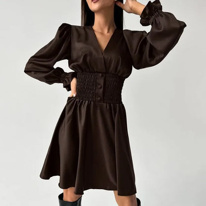 Folds Satin Dresses for Birthday V Neck Slim Dress Femme Party Temperament Retro Midi Dress Woman