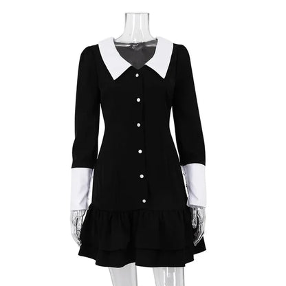 High Waist ’s Evening Dress Retro Splice Long Sleeve Turn Collar Folds Mini Dress Woman Party Wedding Dresses