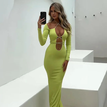 Hollow Out Dress for Lace Up Slim Bodycon Dress ’s Party Temperament Maxi Dresses Woman Clothes New