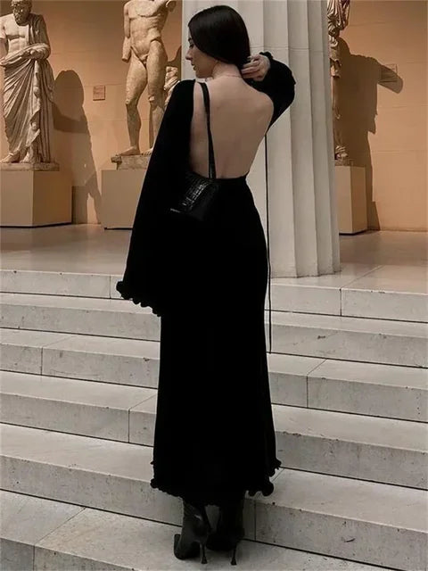 Knitted Backless Long Dress for Ruffled Lace Up High Waist Maxi Dresses Femme Party Bandage Dress