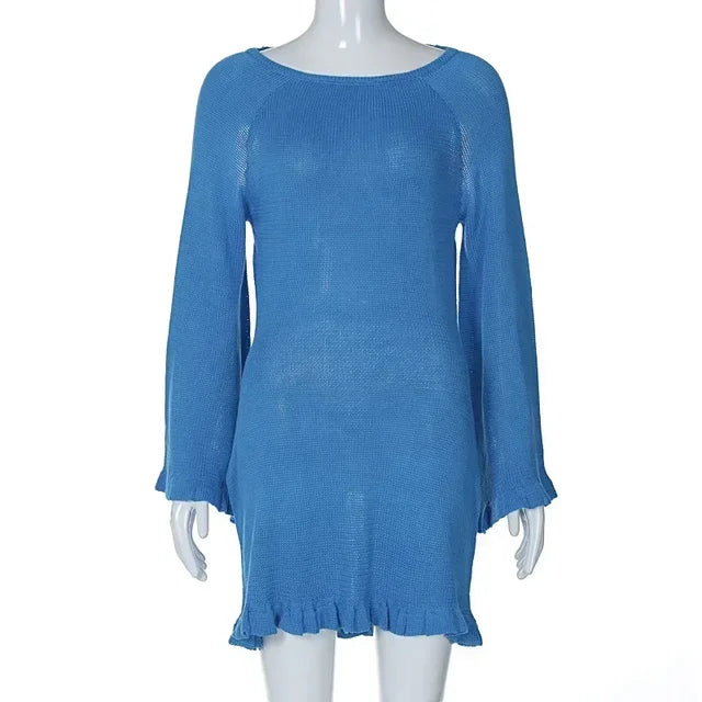Knitted Backless Mini Dress for Lace Up Loose Short Dresses Hot Club High Waist Dress Femme