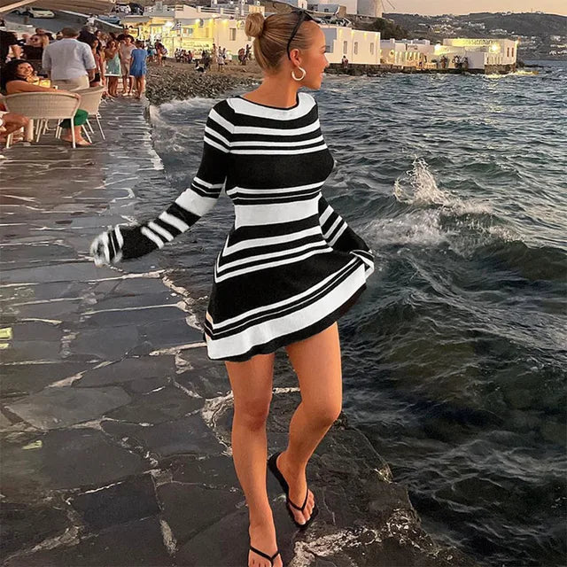 Knitted Backless Dress for Autumn Slim Color Block Mini Dresses Holiday Lace Up High Waist Dress Woman