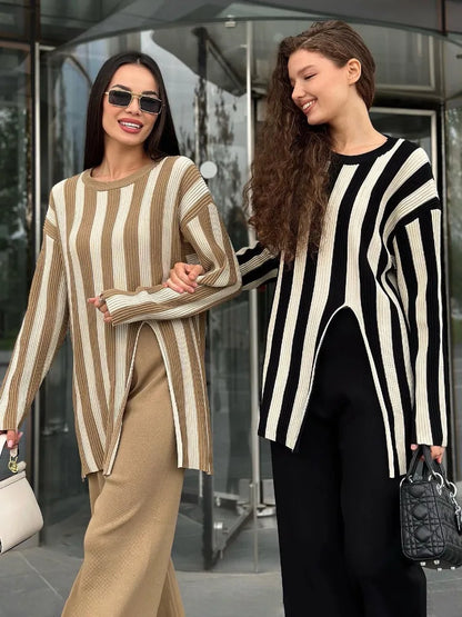 Striped Knitwear 2 Piece-set for Contrast Long Sleeve Split Straight Trousers Outfits ’s Pants Sets